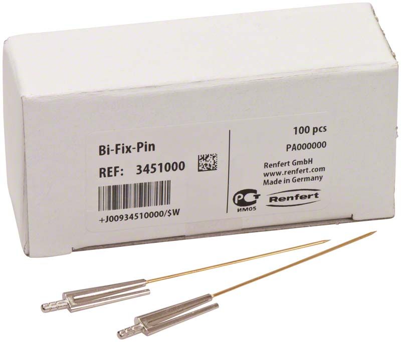 Bi-Fix-Pin 100 Stück, Dentalmodellpins mit Fixierdraht vor Verpackung.