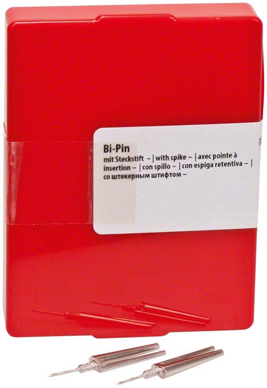 Rote Verpackung mit Bi-Pin Steckstiften für dentaltechnische Anwendungen.
