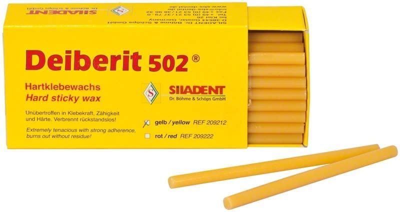 Gelbes Deiberit 502 Hartklebewachs in geöffneter Verpackung von Siladent.