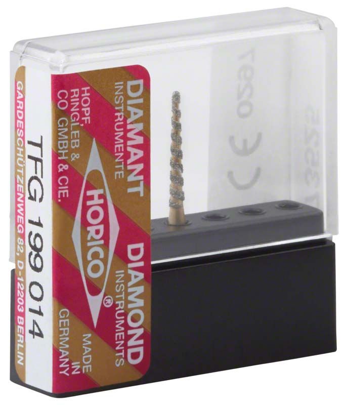 Diamantbeschichteter Dentalbohrer Turbodiamant TFG 199 014 in Kunststoffverpackung.
