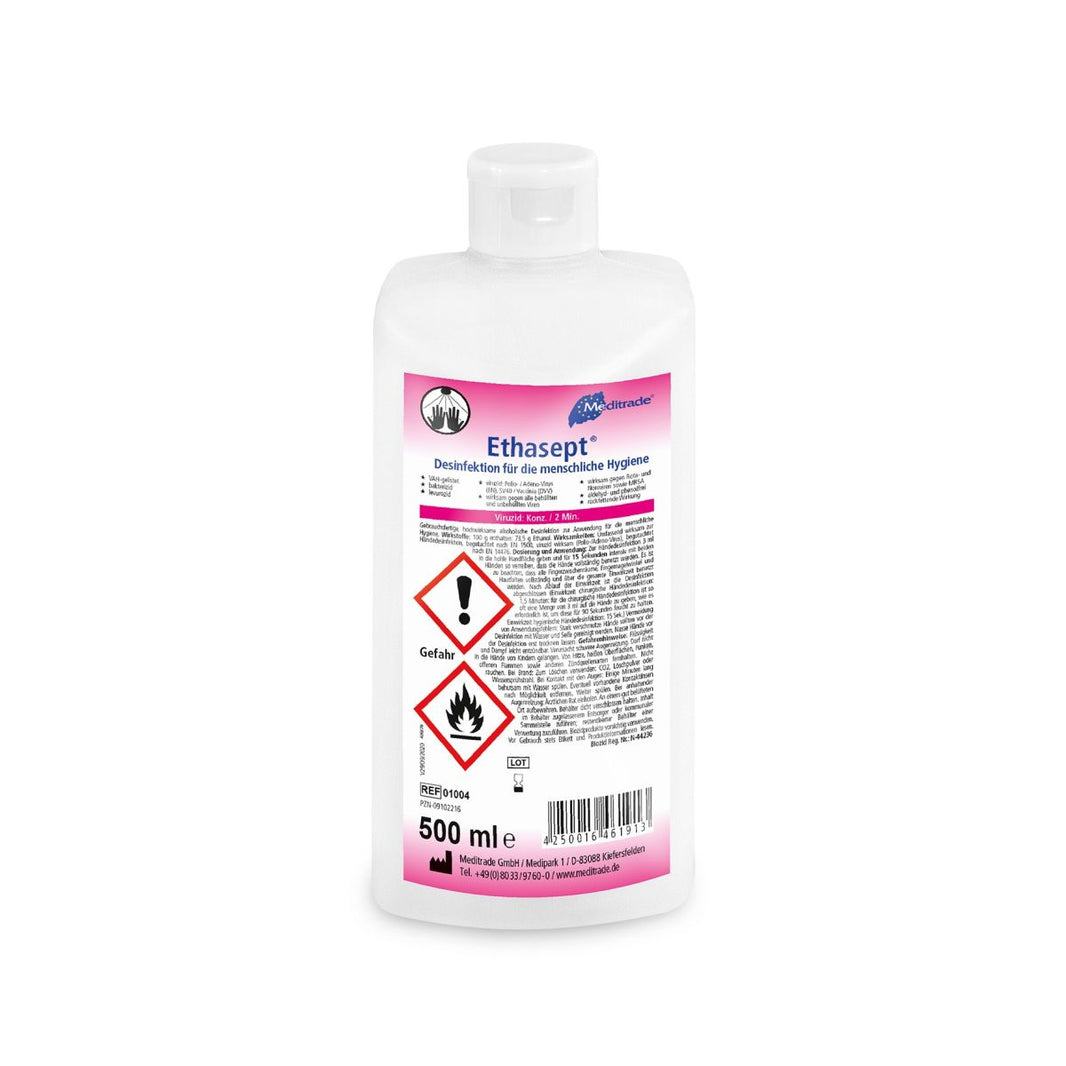 Ethasept® Händedesinfektionsmittel 500ml Flasche mit Warnhinweisen auf Etikett.