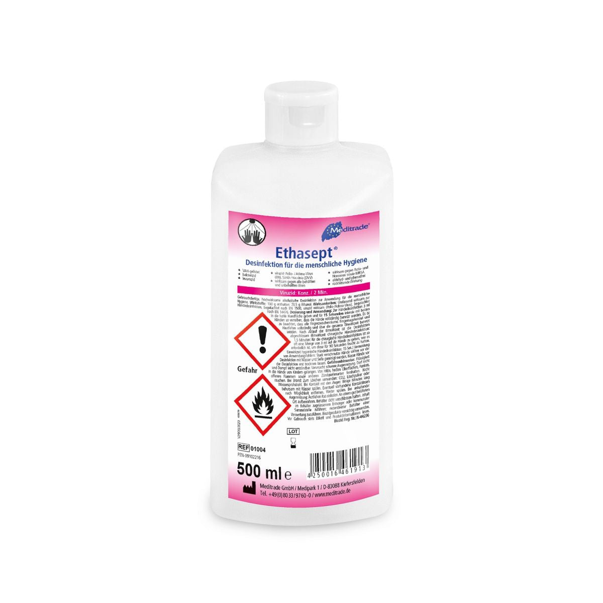 Ethasept® Händedesinfektionsmittel 500ml Flasche mit Warnhinweisen auf Etikett.