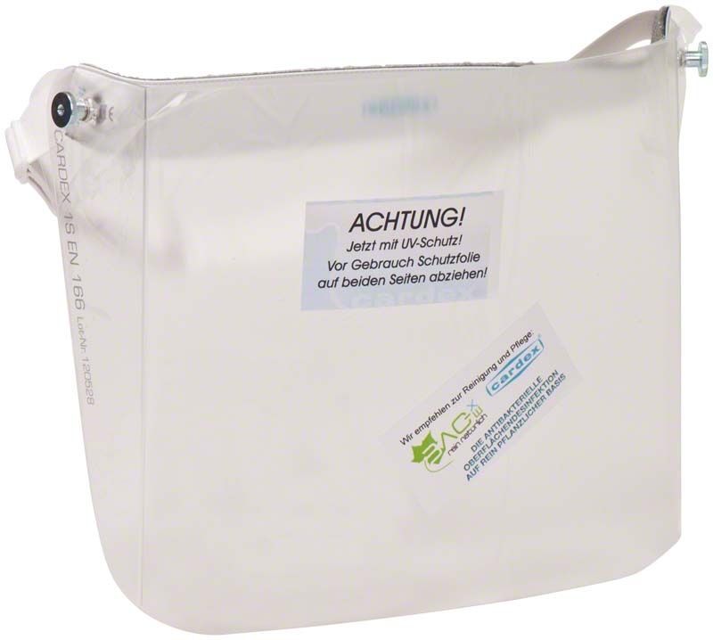 Gesichtsschutzschild klein von Cardex Dental mit Warnhinweis und Schutzfolie.