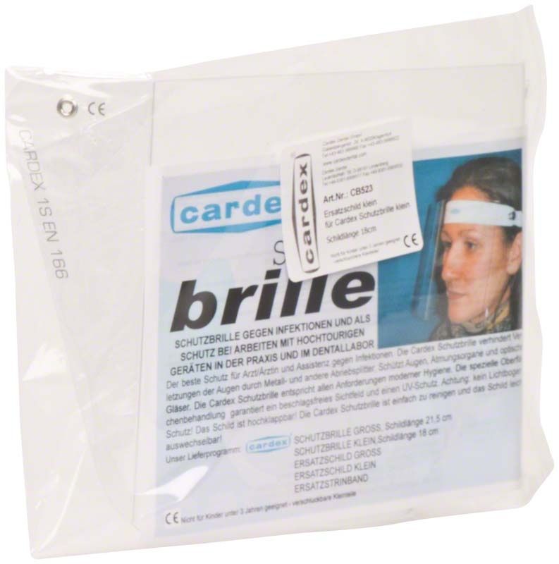 Ersatzschild klein in transparenter Verpackung mit Schutzbrille-Abbildung.