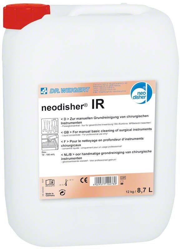 Kunststoffkanister mit Etikett des Reinigungsmittels neodisher® IR 12kg.