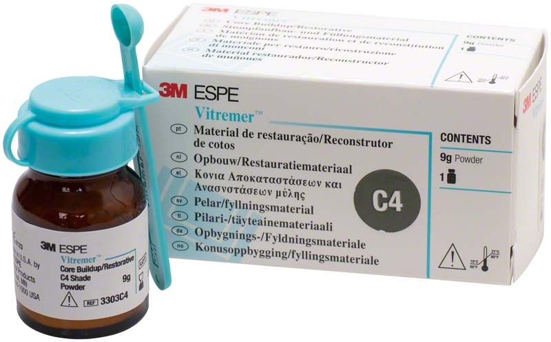 Vitremer Pulver C4 im braunen Glasbehälter mit blauer Schutzkappe und Verpackung.