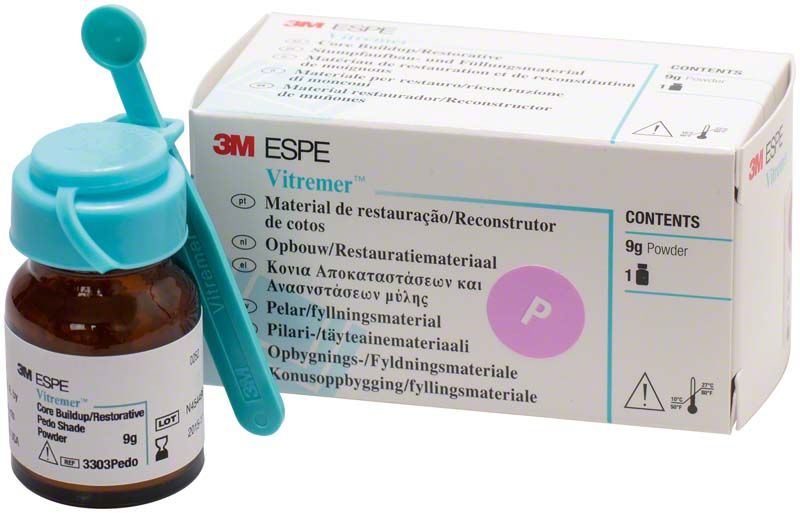 Vitremer Pulver paedo in braunem Glasbehälter mit blauer Messlöffel und Verpackung.