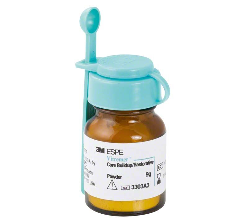 Braunes Fläschchen Vitremer Pulver blau mit türkisfarbenem Deckel und Dosierlöffel.