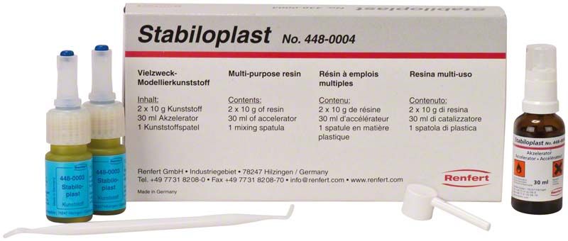 Stabiloplast Set mit zwei Flaschen Kunstharz und Applikator.