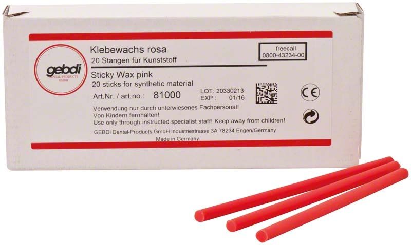 Klebewachs Stangen rosa in Verpackung mit 20 Stangen für Dentalanwendungen.