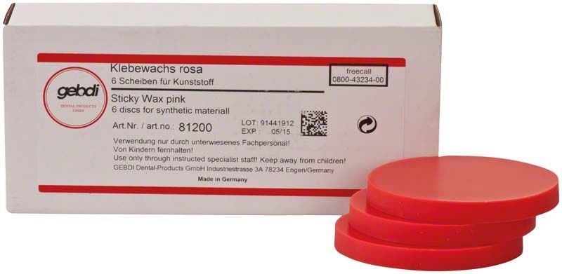 Klebewachs rosa für Kunststoff im Dentalbereich, 6 Scheiben, Verpackungsvorderseite.