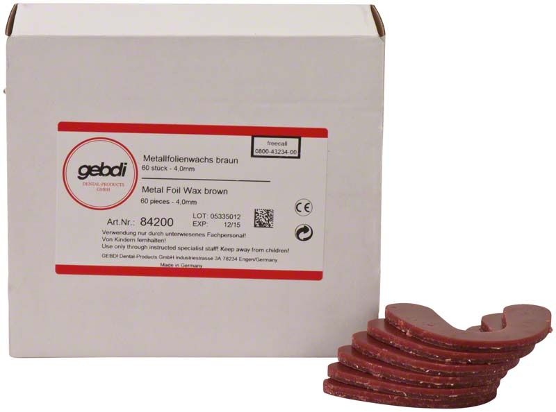 Metallfolienwachs braun von Gebdi mit Verpackung und Wachsplatten.