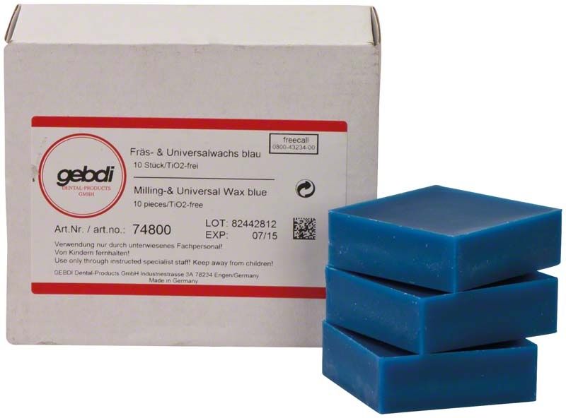 Fräs- und Universalwachsblöcke blau vor Verpackung von Medic-Star.