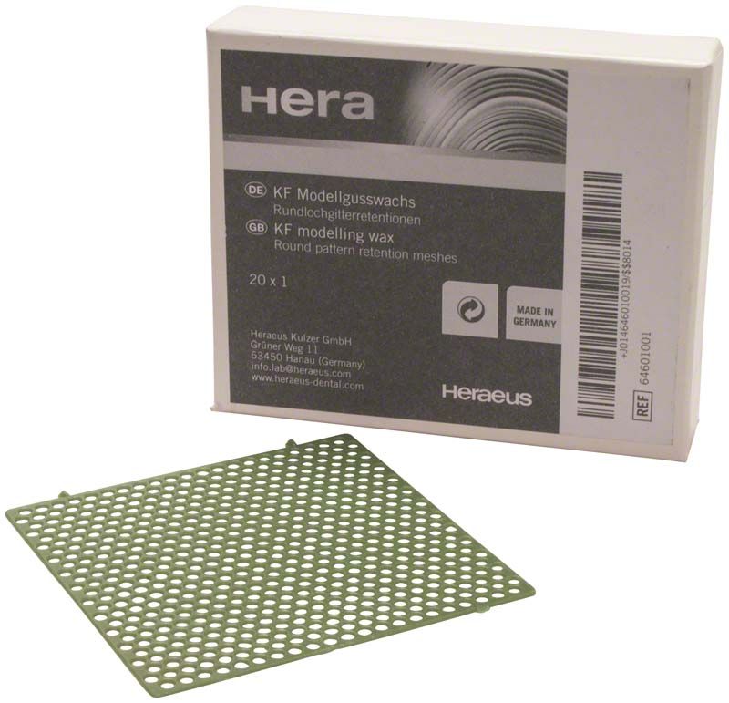 KF-Wachsretentionen Rundlochgitterretentionen mit Verpackung im Hintergrund.