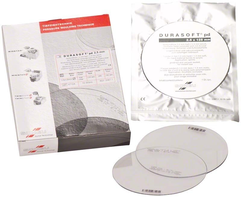 Verpackung und Folien der DURASOFT® pd 10er 2,5mm Tiefziehfolien.