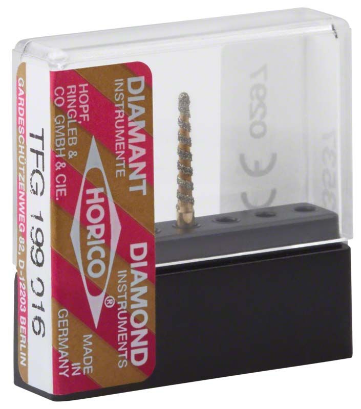 Diamantbeschichteter Zahnbohrer Turbodiamant TFG 199 016 in transparenter Verpackung.