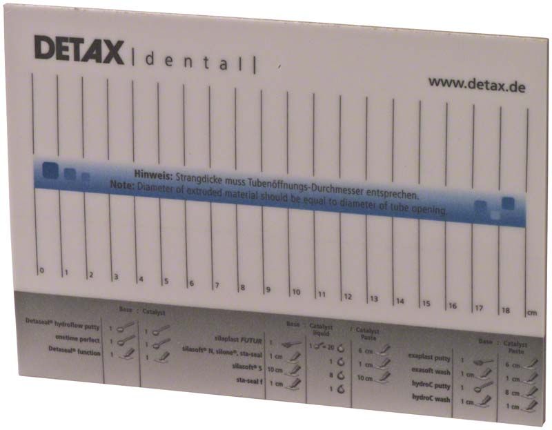 Anmischblock Pergamin von DETAX mit Skalierung und Dosierungshinweis.