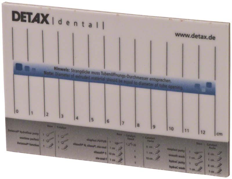 Anmischblock Pergamin klein von DETAX mit Skalierung und Hinweistext.