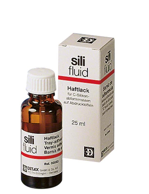 Sili Haftlack Fluid Pinselflasche 25ml vor Produktverpackung.
