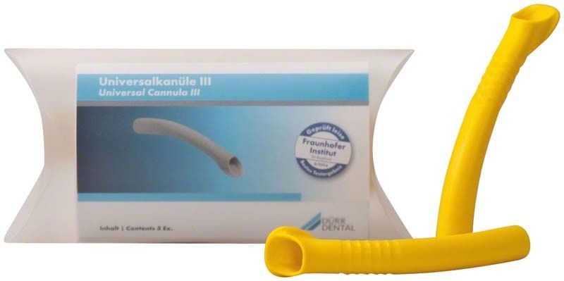 Universalkanülen III gelb im 5er-Pack mit Verpackung und Einzelansicht.