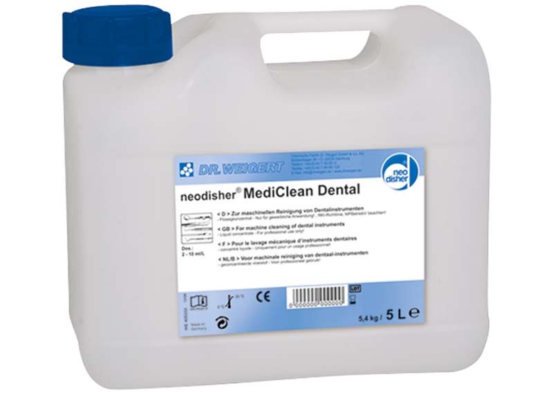 Mildalkalischer Reiniger neodisher® MediClean Dental in weißem Kunststoffkanister.