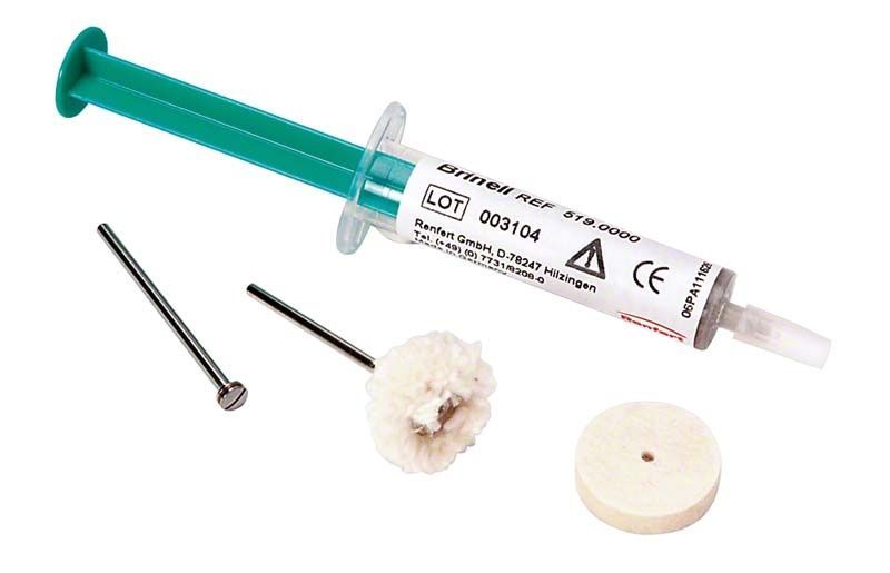 Brinell L Polierpaste in Spritze mit Zubehör für Dentalanwendungen.