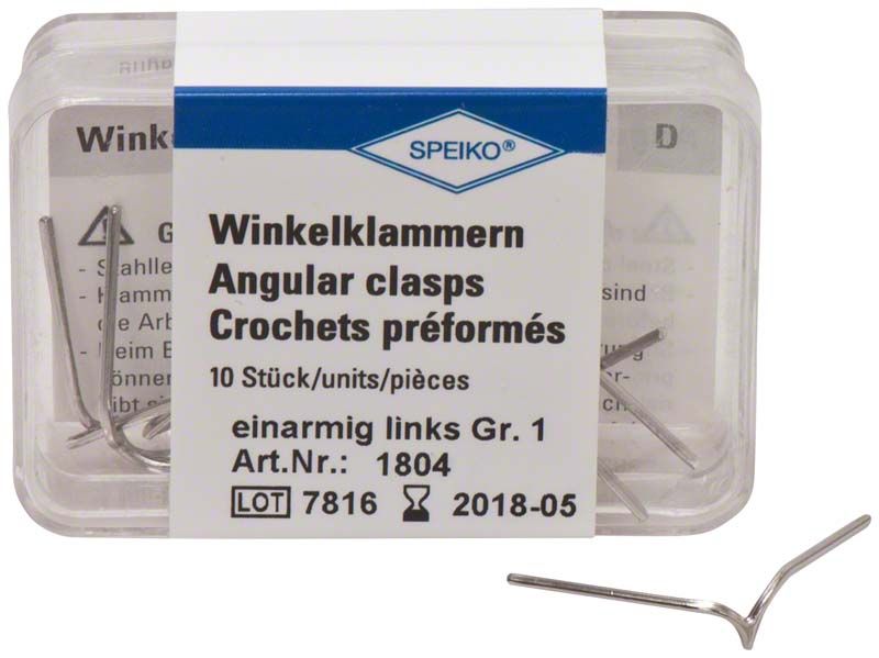 Winkelklammern Gr. 1 in transparenter Verpackung mit blauem Etikett.