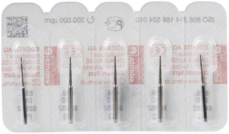 Diamantenschleifer FG 859 010 in Verpackung für Zahntechnik, 5 Stück.
