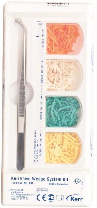 Interdentalkeile-Kit mit farbcodierten Holzkeilen und Adapterzange.