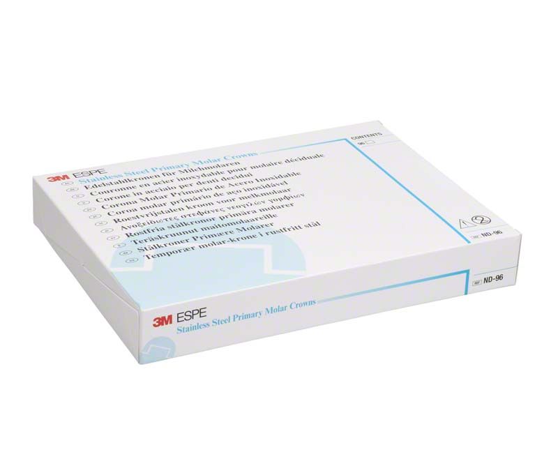 Verpackung der 3M Edelstahlkronen für Milchmolaren mit Produktdetails.
