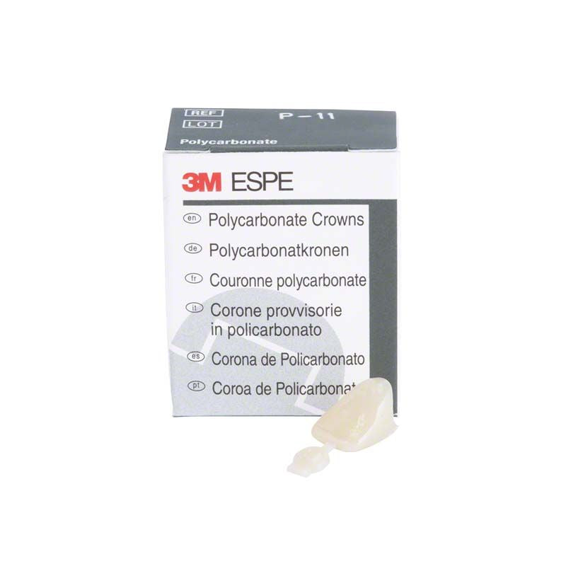 Polycarbonat-Krone von 3M vor Verpackung für Frontzahnrestauration.