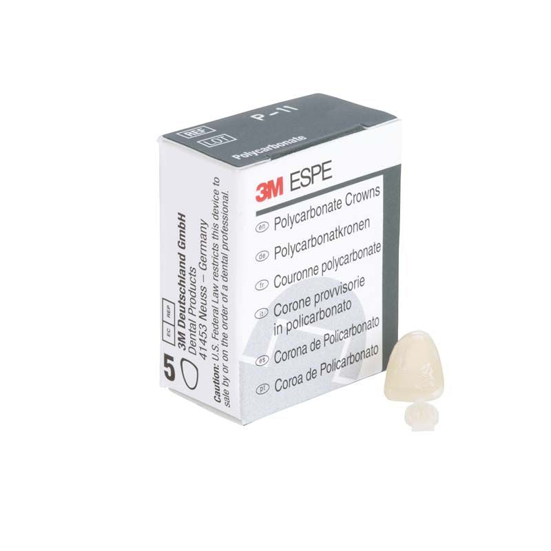 Polycarbonat-Krone von 3M neben Verpackung für Frontzahnrestauration.