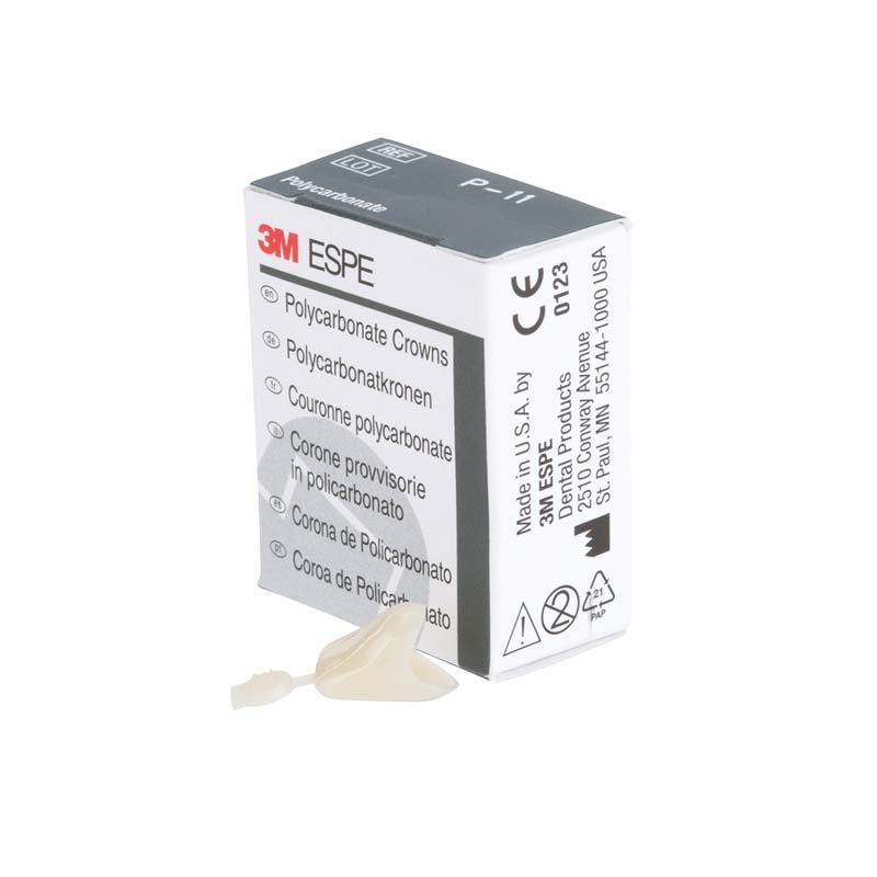 Verpackung der 3M ESPE Polycarbonat-Krone mit mehrsprachiger Beschriftung und Krone davor.