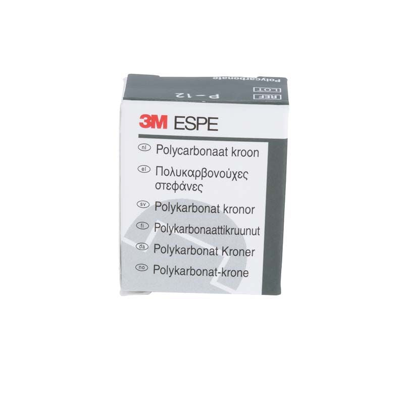 Verpackung der 3M Polycarbonat-Kronen OK Front Nr. 12 mit mehrsprachigem Aufdruck.