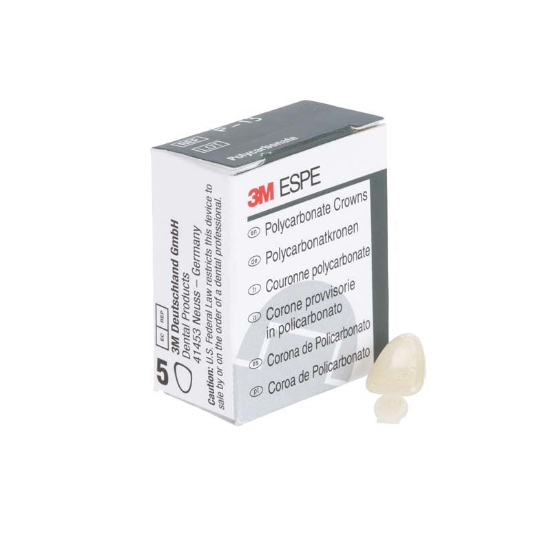 Polycarbonat-Krone von 3M neben der Verpackung für Oberkiefer-Frontzahnrestauration.