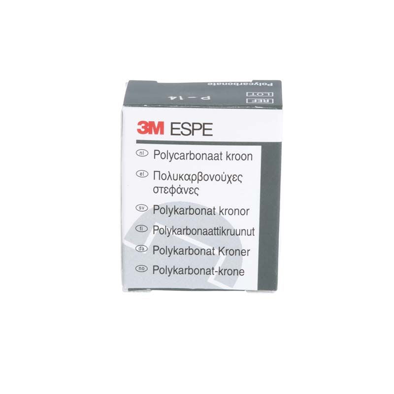 Polycarbonat-Kronen-Verpackung mit mehrsprachiger Produktbeschreibung und 3M ESPE-Logo.