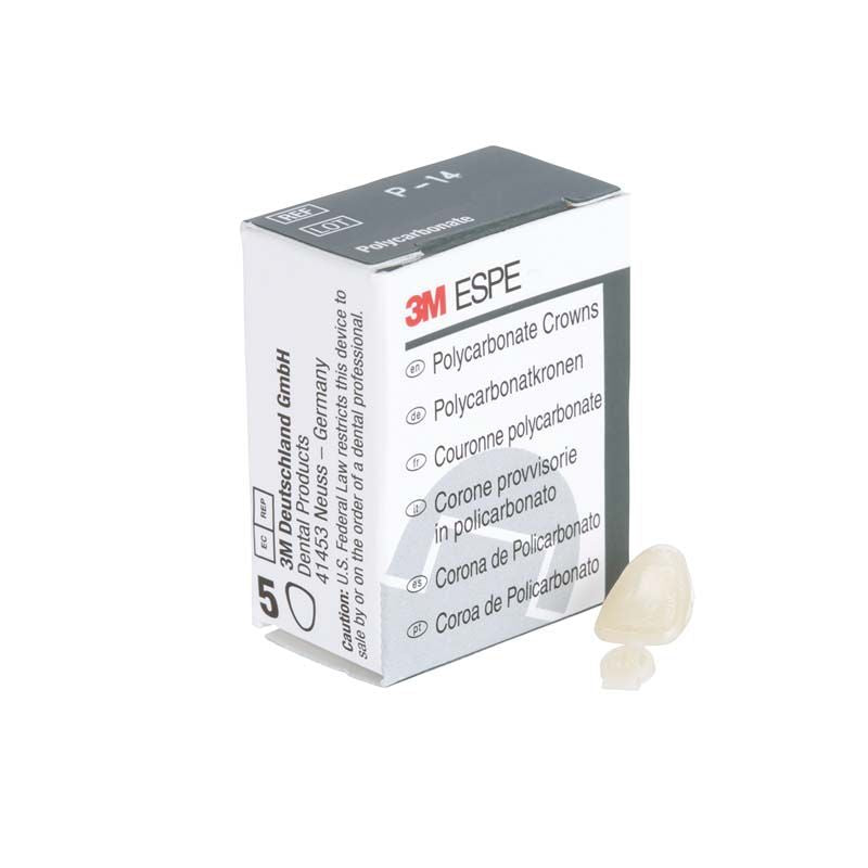Polycarbonat-Krone OK Front Nr. 14 vor Verpackung mit 3M ESPE-Logo.