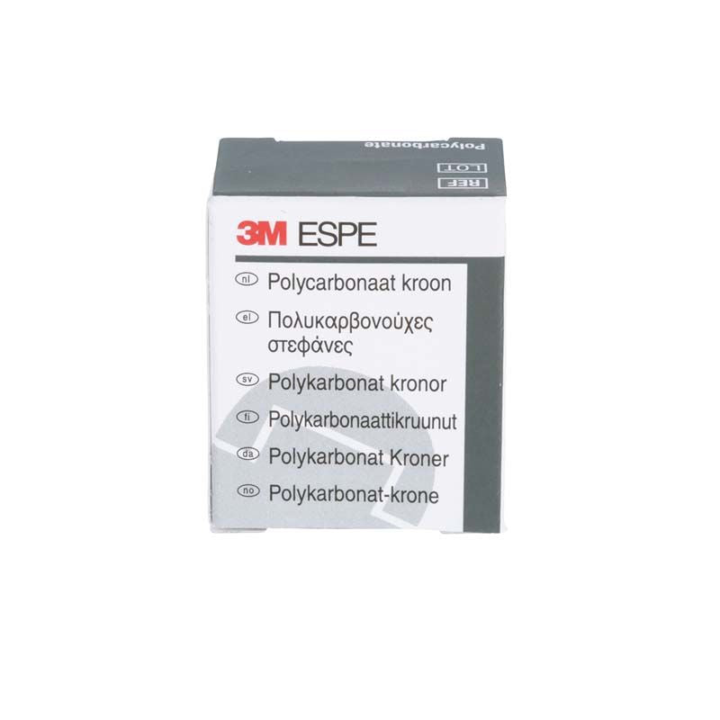 Polycarbonat-Kronenverpackung mit mehrsprachiger Produktbeschreibung und 3M-Logo.