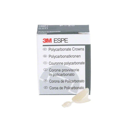 Polycarbonat-Krone von 3M ESPE vor Verpackung auf weißem Hintergrund.