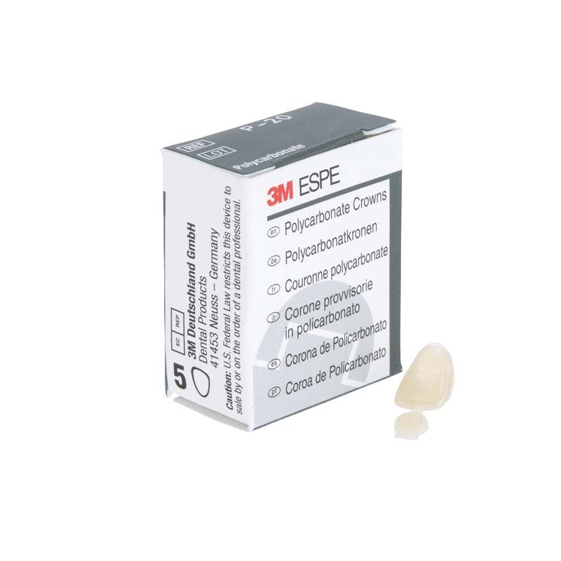Polycarbonat-Krone von 3M ESPE neben mehrsprachiger Verpackung auf weißem Hintergrund.