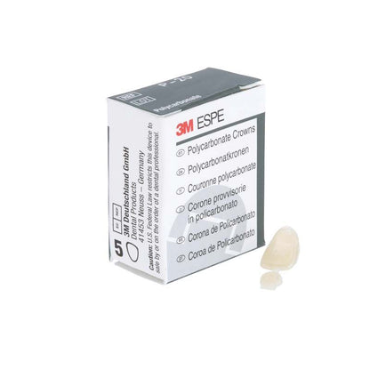 Polycarbonat-Krone von 3M ESPE neben mehrsprachiger Verpackung auf weißem Hintergrund.