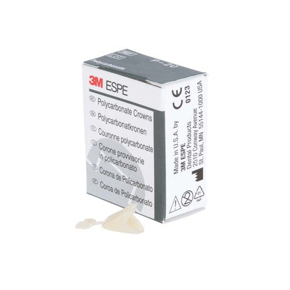 Polycarbonat-Krone von 3M ESPE neben mehrsprachiger Verpackung auf weißem Hintergrund.