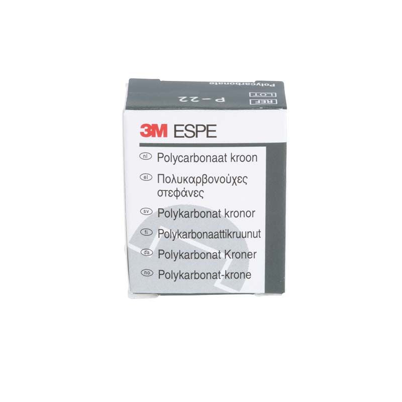 3M ESPE Polycarbonat-Krone Verpackung mit mehrsprachiger Produktbeschreibung.