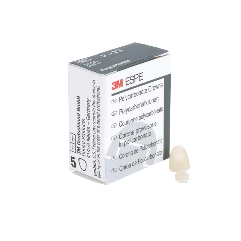 Polycarbonat-Krone Nr. 22 vor 3M ESPE Verpackung mit mehrsprachiger Beschreibung.