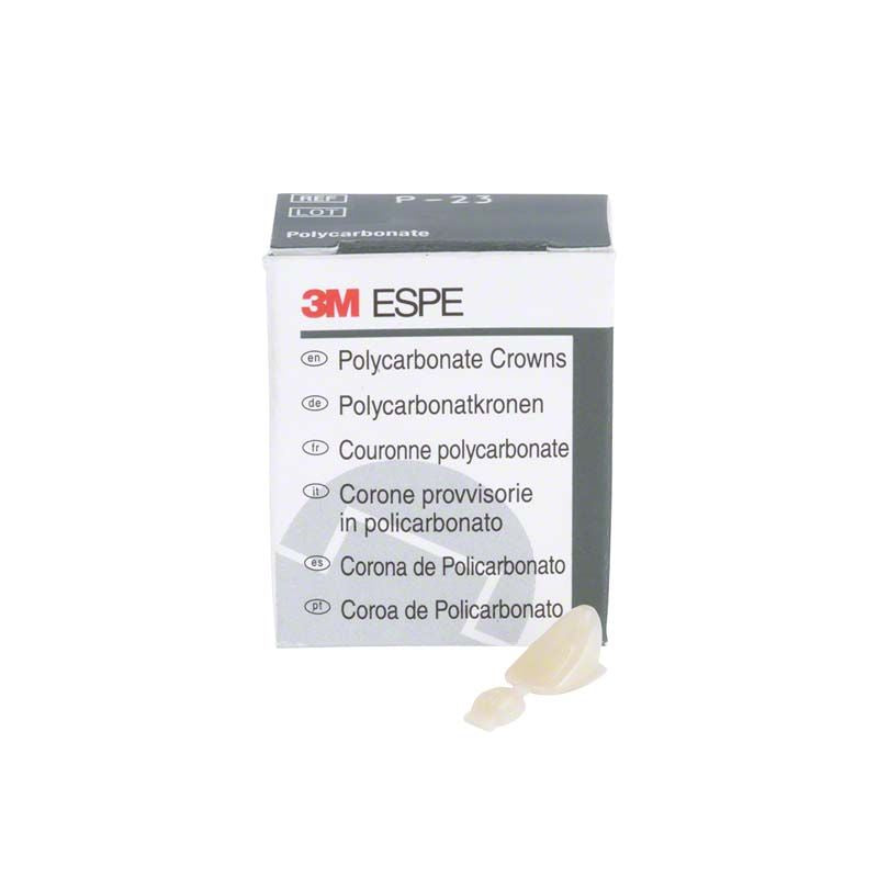Polycarbonat-Krone von 3M für Oberkiefer-Frontzahn, Verpackung und Krone sichtbar.