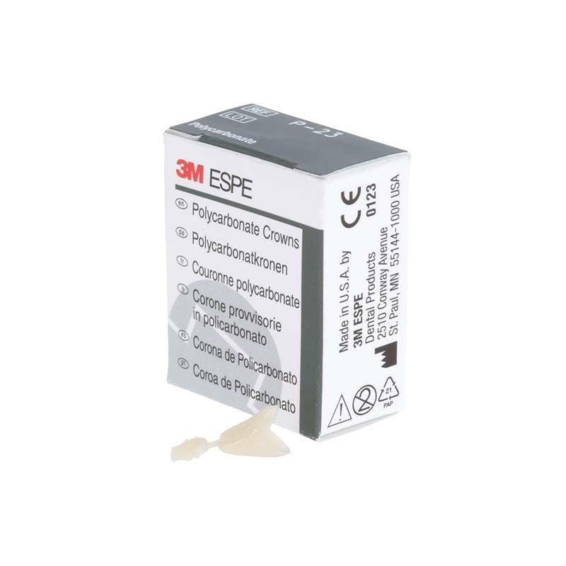 Polycarbonat-Kronenverpackung von 3M mit sichtbaren Kronen und mehrsprachiger Beschriftung.