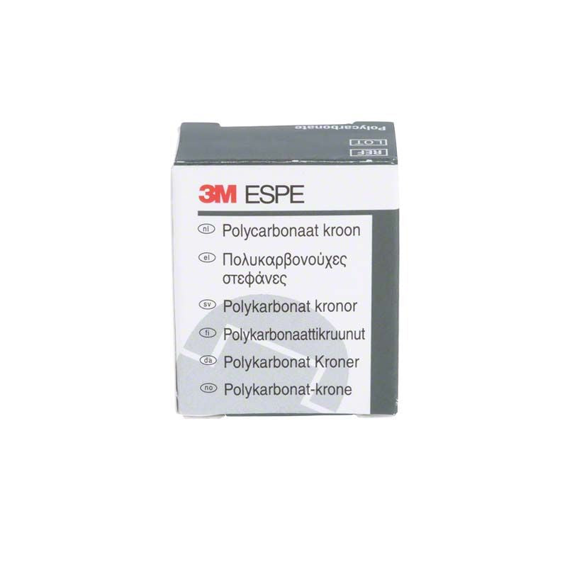 Polycarbonat-Kronen-Verpackung von 3M ESPE mit mehrsprachiger Beschriftung.