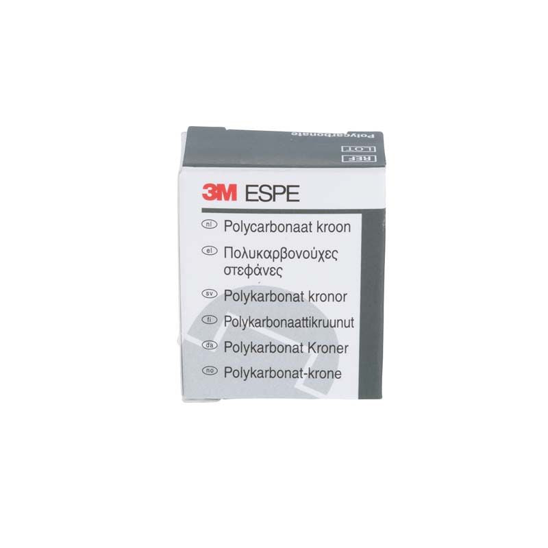 Polycarbonat-Kronen-Verpackung von 3M ESPE mit Produktinformationen in mehreren Sprachen.