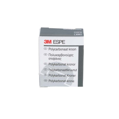 Polycarbonat-Kronen-Verpackung von 3M ESPE mit Produktinformationen in mehreren Sprachen.