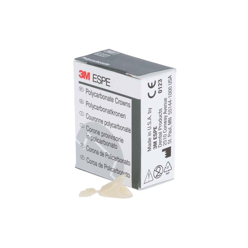 Polycarbonat-Kronenverpackung von 3M ESPE mit sichtbarer Krone und Produktdetails.